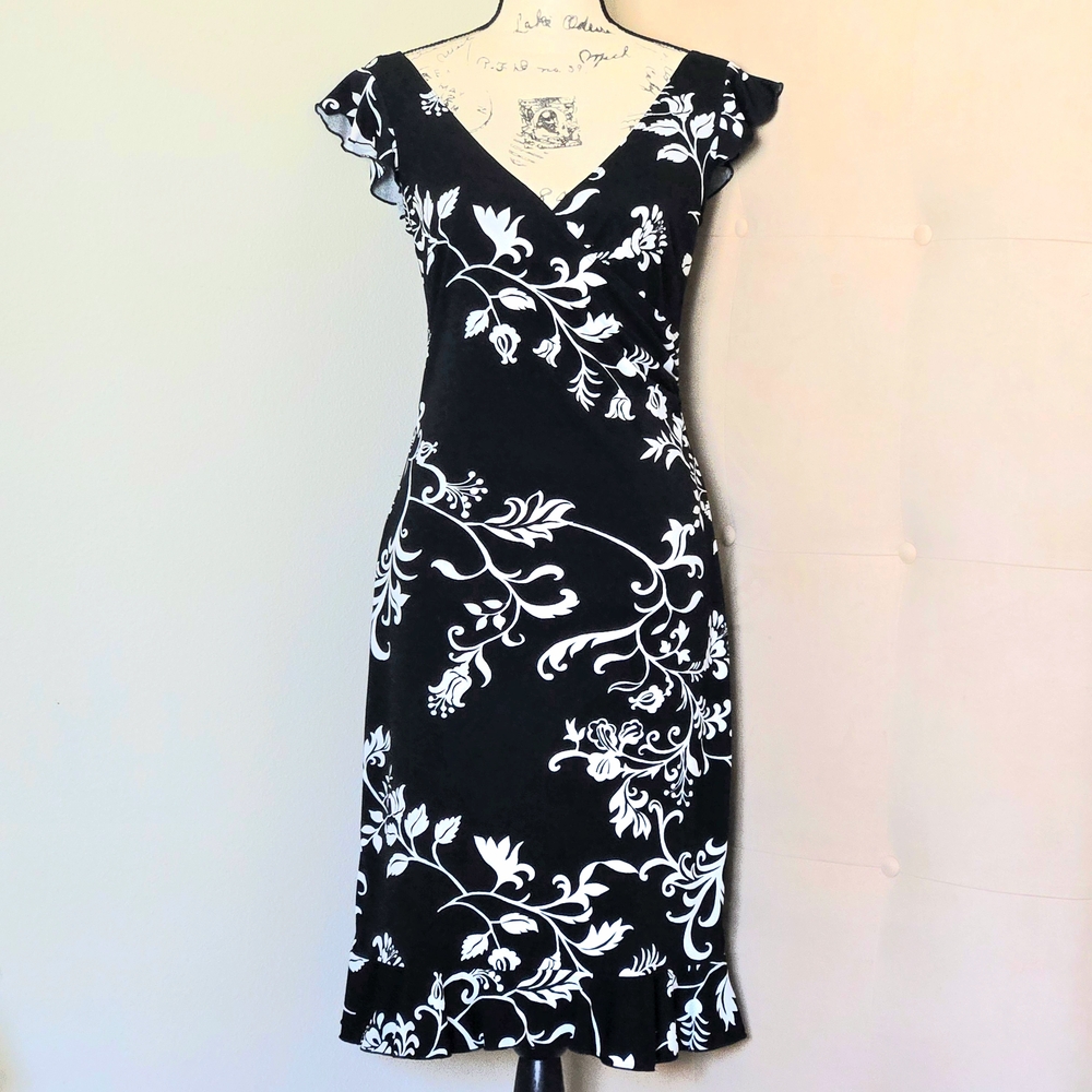 VTG/Y2K La Belle Ruffled Flare Midi Cocktail Dress Floral Black Ivory Sleeveless